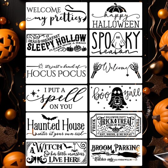 12 Pcs Halloween Stencils for Painting on Wood, Reusable Boo & Hocus Pocus Doormat Templates for Porch Signs, T-Shirts, Wreaths & Home Decor (11.8–13.8 Inch)